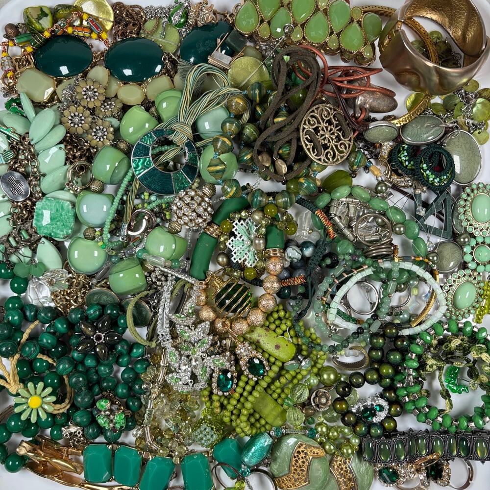 Curated Craft Jewelry Lot - 3 lbs Eclectic Green Mix Chunky Stones Beads & More